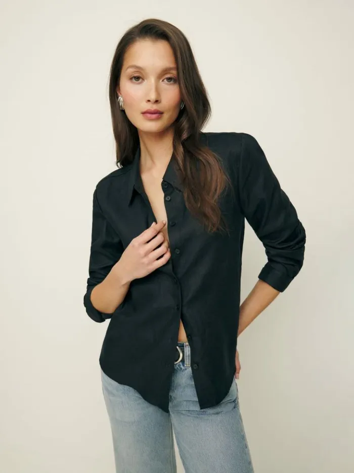 Clothing The Reformation Sky Relaxed Linen Top Black