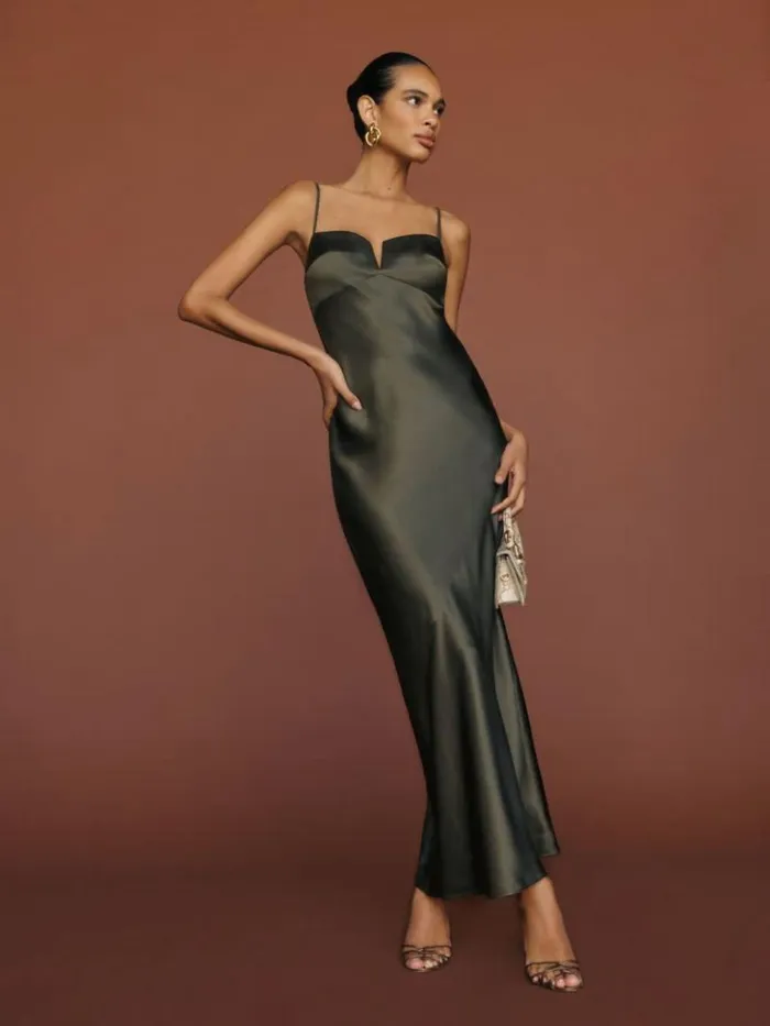 ClothingWeddings The Reformation Brie Silk Dress Pine Tree