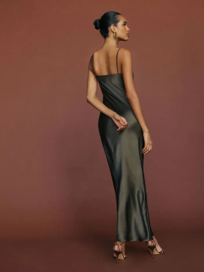ClothingWeddings The Reformation Brie Silk Dress Pine Tree