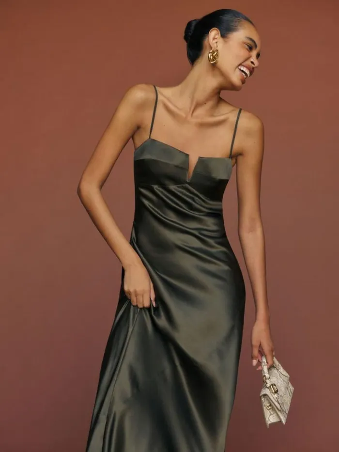 ClothingWeddings The Reformation Brie Silk Dress Pine Tree