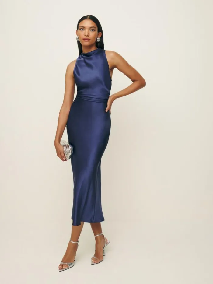 ClothingWeddings The Reformation Casette Silk Dress Blue Iris