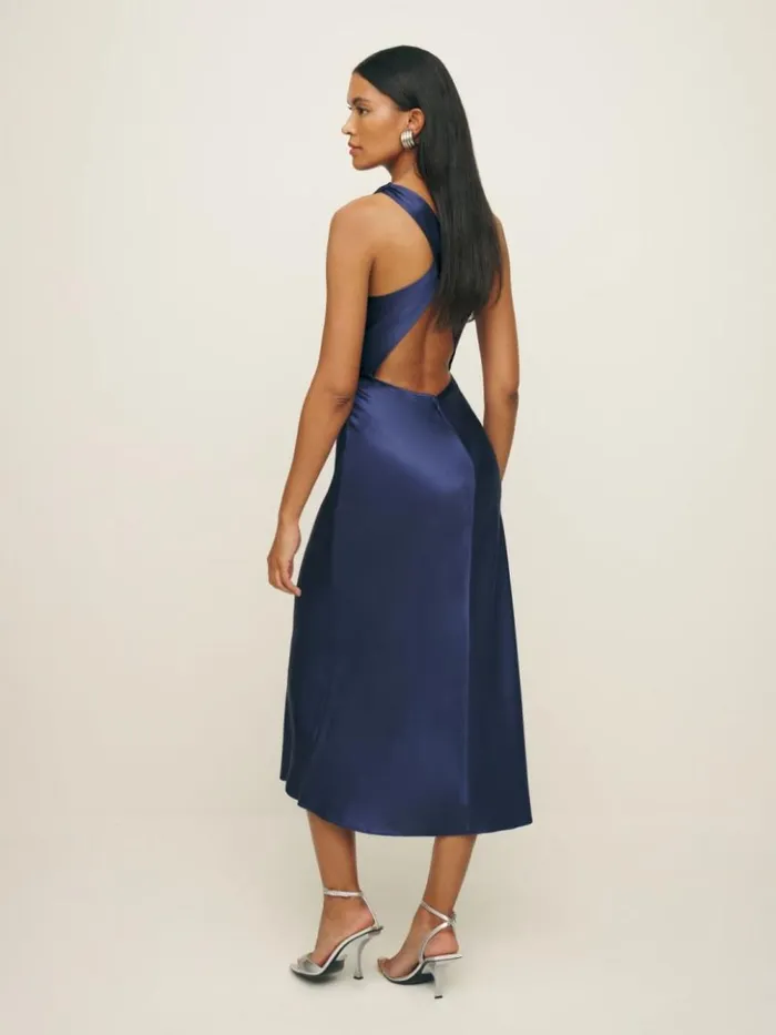 ClothingWeddings The Reformation Casette Silk Dress Blue Iris
