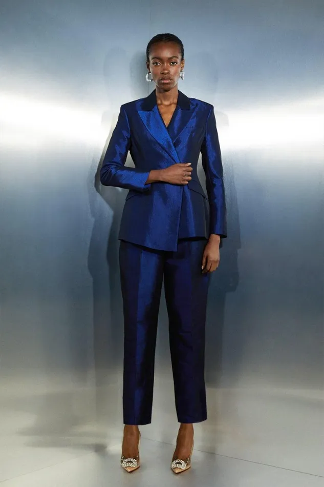 CoOrds Women Karen Millen Asymmetric Metallic Tailored Blazer And Tapered Trousers Navy