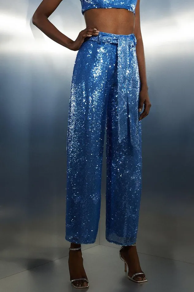 CoOrds Women Karen Millen Blue Sequin Woven Boxy Set Blue