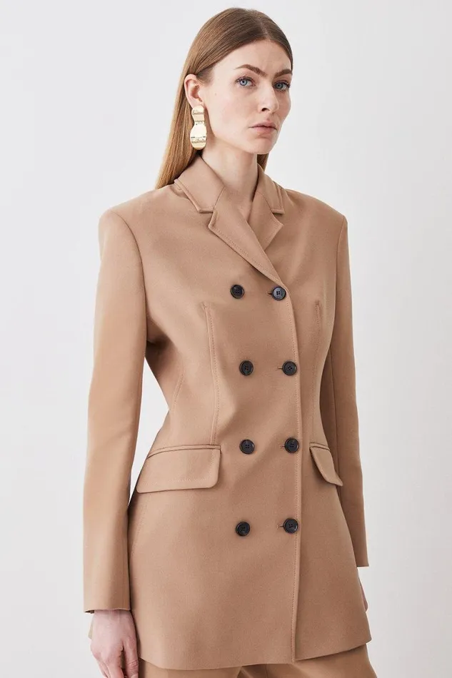 CoOrds Women Karen Millen Compact Stretch High Button Double Breasted Blazer and Trouser Set Camel