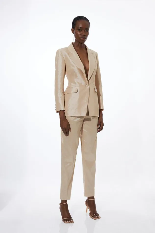 CoOrds Women Karen Millen Metallic Taffeta Slim Leg Tailored Trousers Champagne