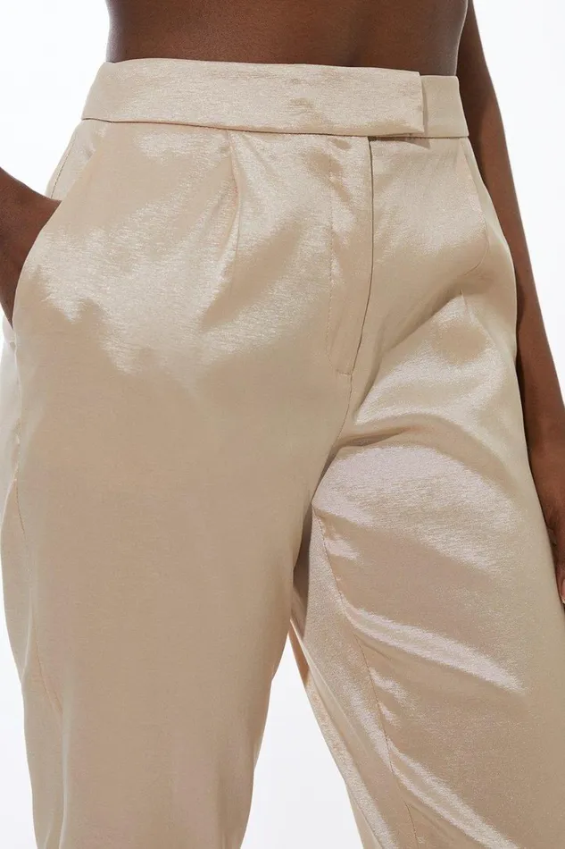 CoOrds Women Karen Millen Metallic Taffeta Slim Leg Tailored Trousers Champagne