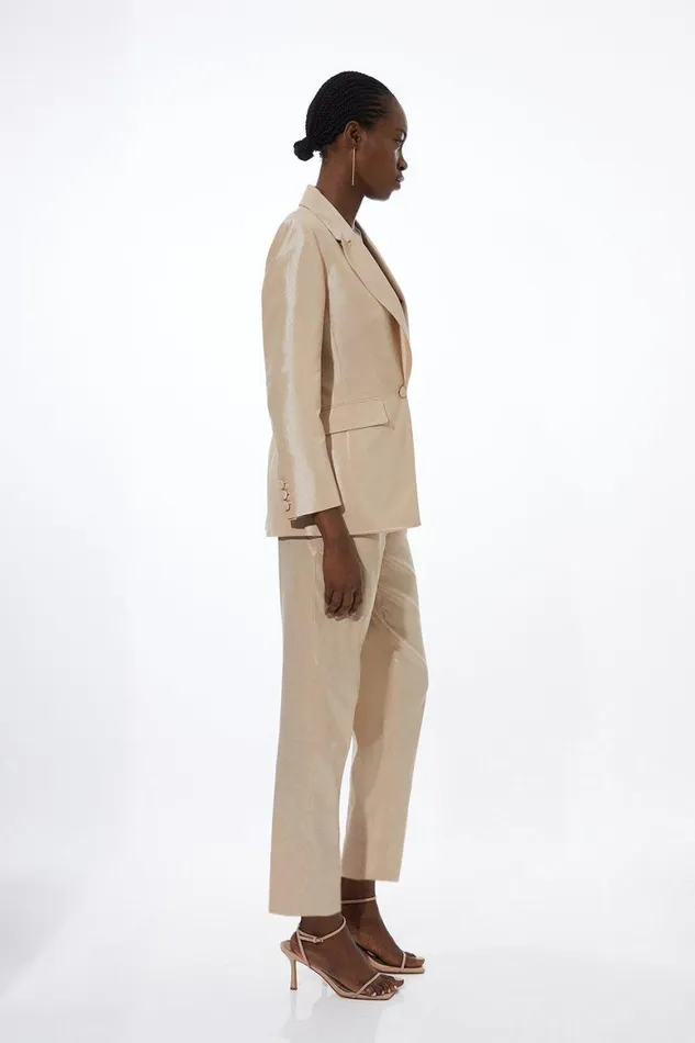 CoOrds Women Karen Millen Metallic Taffeta Slim Leg Tailored Trousers Champagne