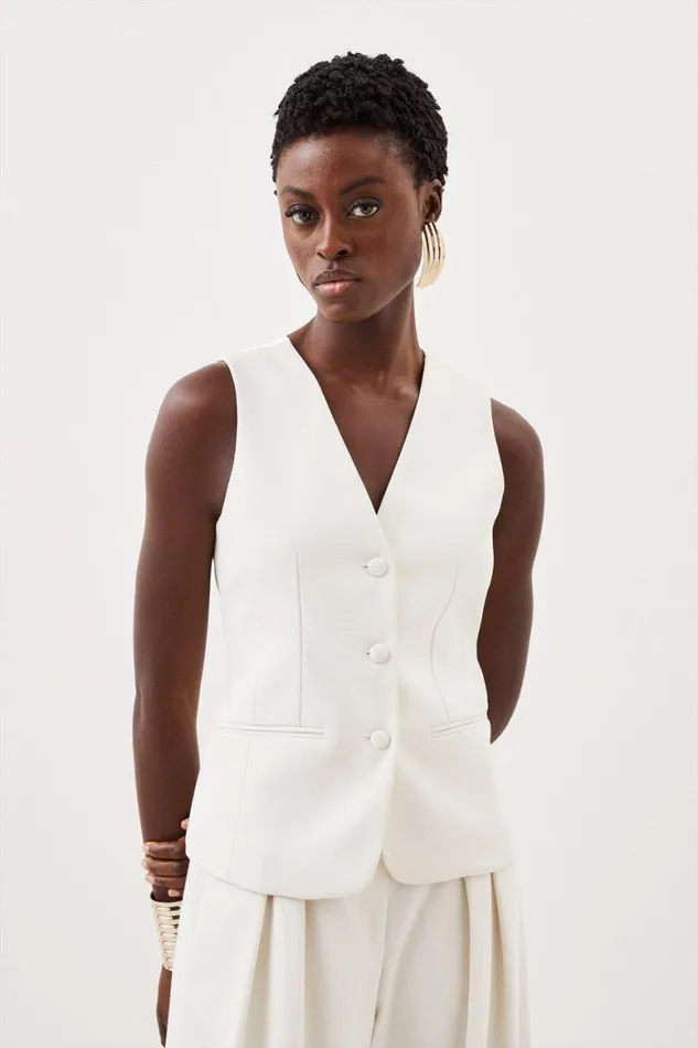 CoOrds Women Karen Millen Tailored Premium Twill Single Breasted Contrast Detail Blazer and Waistcoat Set Ivory CoOrds Women Karen Millen Tailored Premium Twill Single Breasted Contrast Detail Blazer and Waistcoat Set Ivory