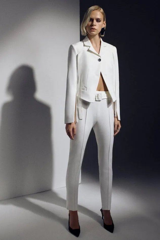 CoOrds Women Karen Millen The Founder Tailored Compact Stretch Tie Detail Jacket and Trouser Set Ivory