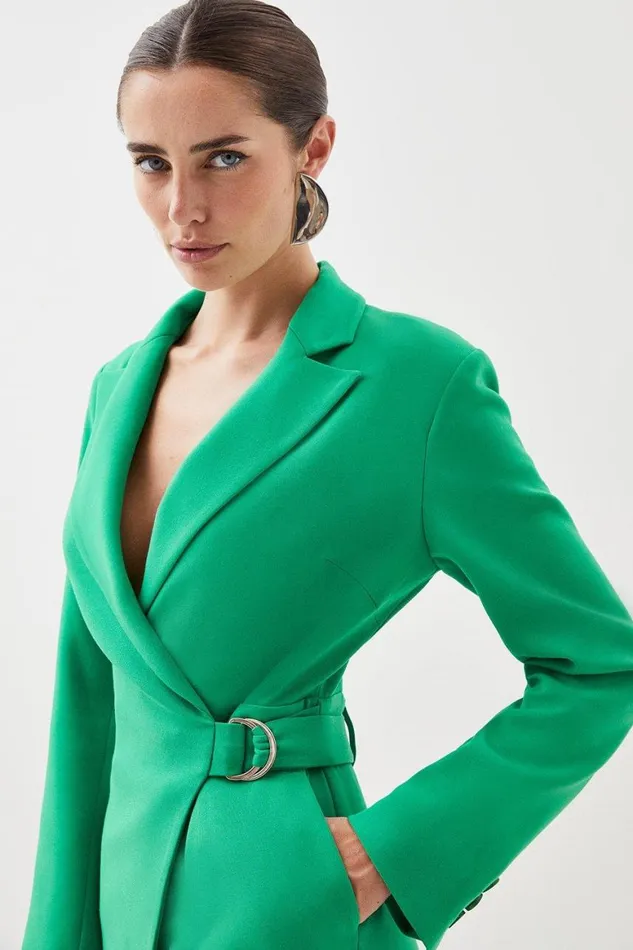 Coats and Jackets Women Karen Millen Compact Stretch Tailored Tie Detail Blazer Playsuit Green