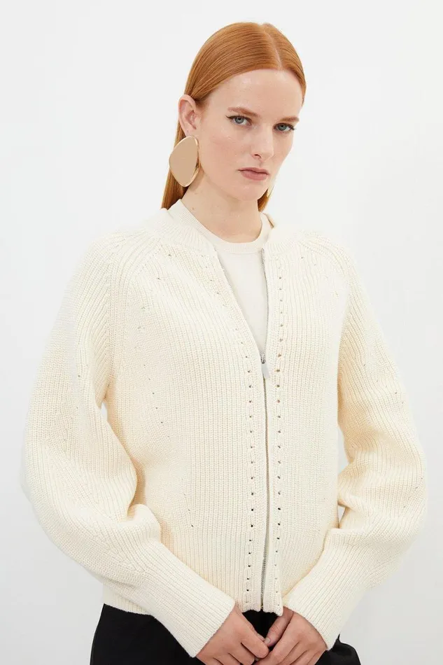 Coats and Jackets Women Karen Millen Cotton Knit Stitch Detail Bomber Cream