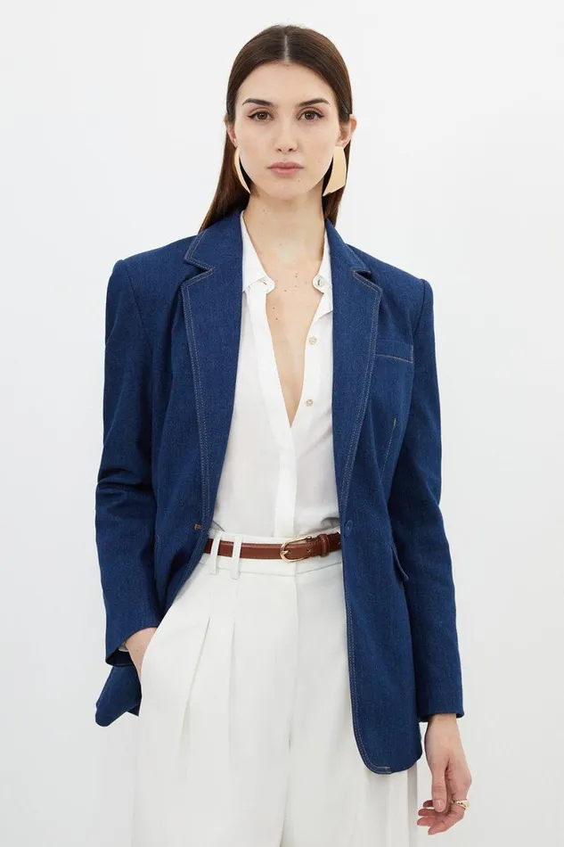 Coats and Jackets Women Karen Millen Denim Single Breasted Blazer Indigo