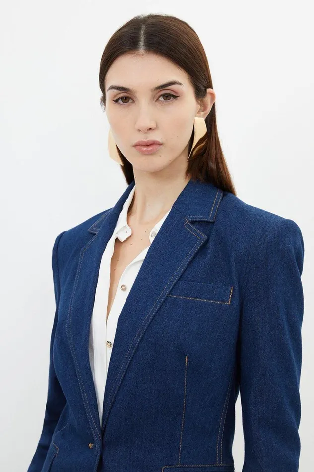 Coats and Jackets Women Karen Millen Denim Single Breasted Blazer Indigo