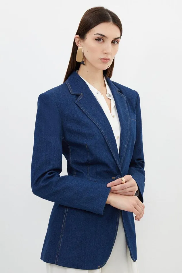 Coats and Jackets Women Karen Millen Denim Single Breasted Blazer Indigo