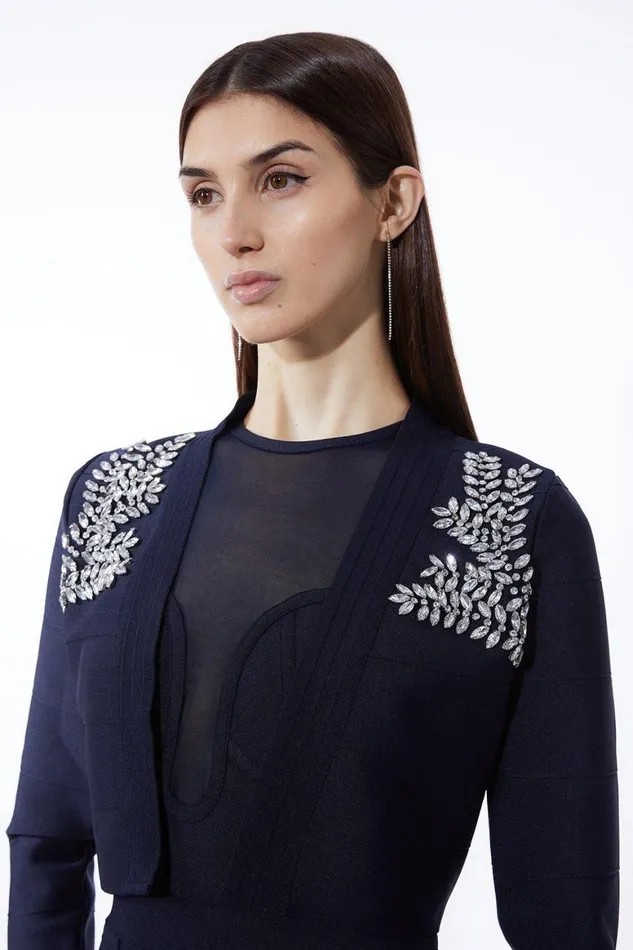 Coats and Jackets Women Karen Millen Figure Form Bandage Embellished Feather Cuff Crop Knit Jacket Navy