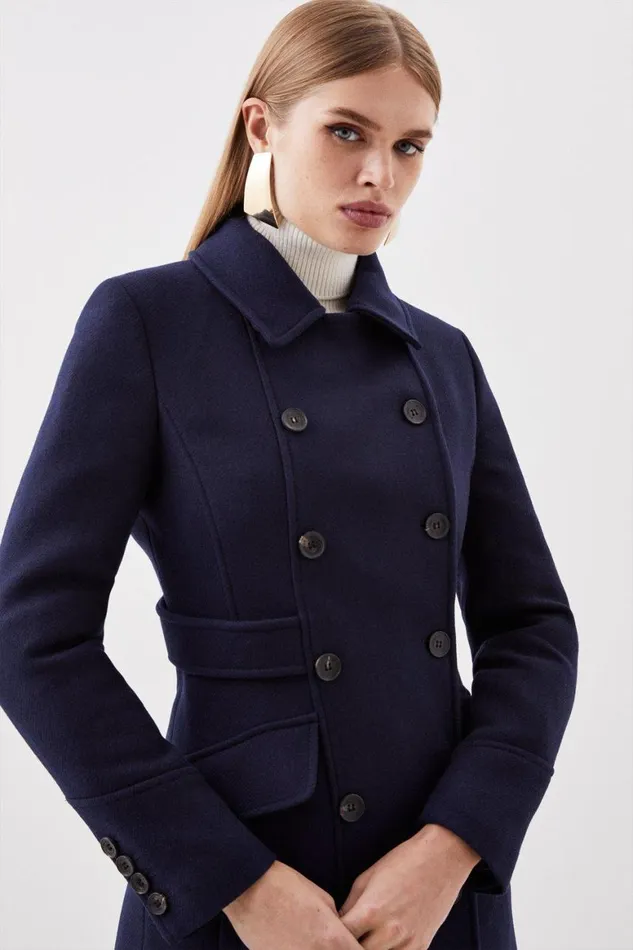 Coats and Jackets Women Karen Millen Italian Manteco Wool Blend Double Breasted Tab Detail Coat Navy