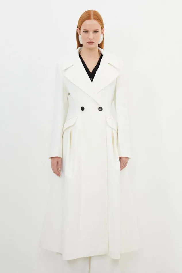 Coats and Jackets Women Karen Millen Italian Manteco Wool Blend Flared Skirt Midaxi Coat Ivory