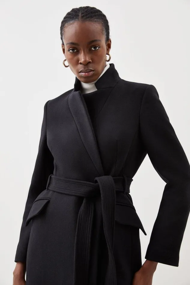 Coats and Jackets Women Karen Millen Italian Manteco Wool Forever Notch Neck Midaxi Coat Black