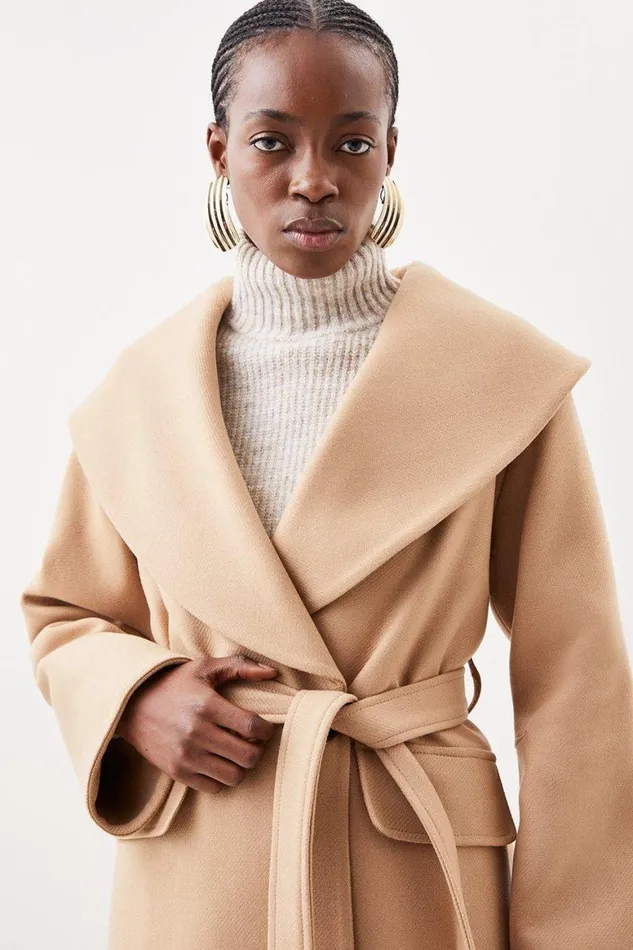 Coats and Jackets Women Karen Millen Italian Manteco Wool Oversize Collar Belted Coat Camel