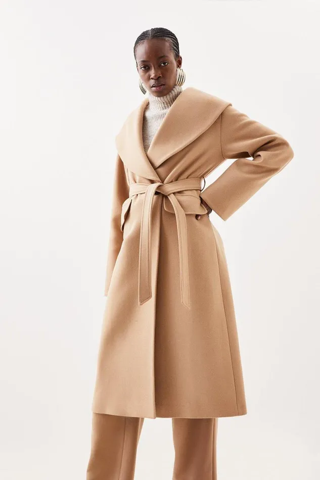 Coats and Jackets Women Karen Millen Italian Manteco Wool Oversize Collar Belted Coat Camel