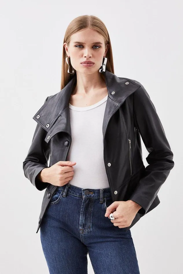 Coats and Jackets Women Karen Millen Leather Button Collar Jacket Black