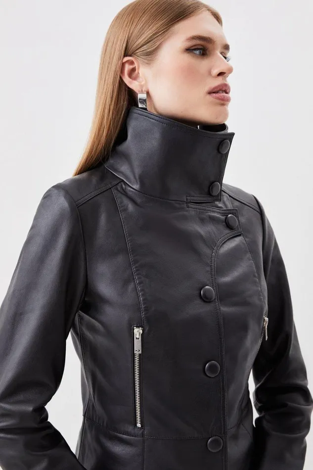Coats and Jackets Women Karen Millen Leather Button Collar Jacket Black