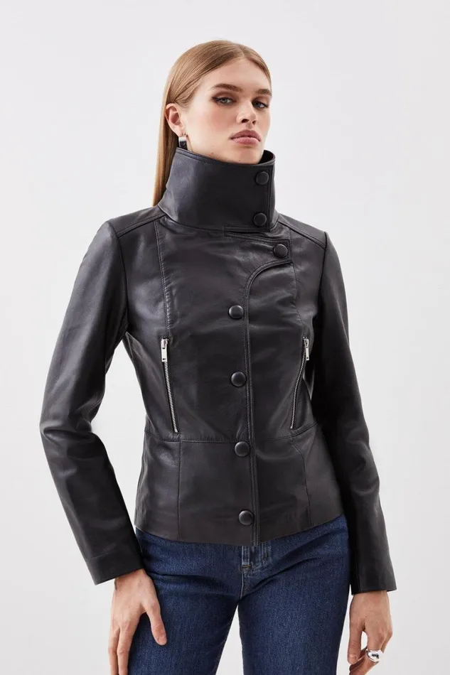 Coats and Jackets Women Karen Millen Leather Button Collar Jacket Black