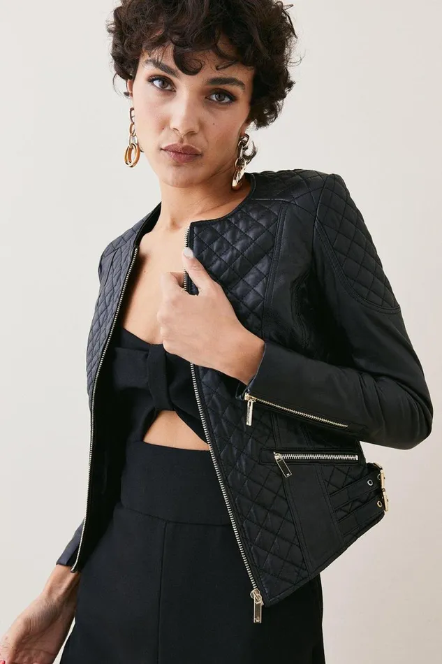 Coats and Jackets Women Karen Millen Leather Quilted Biker Jacket Black