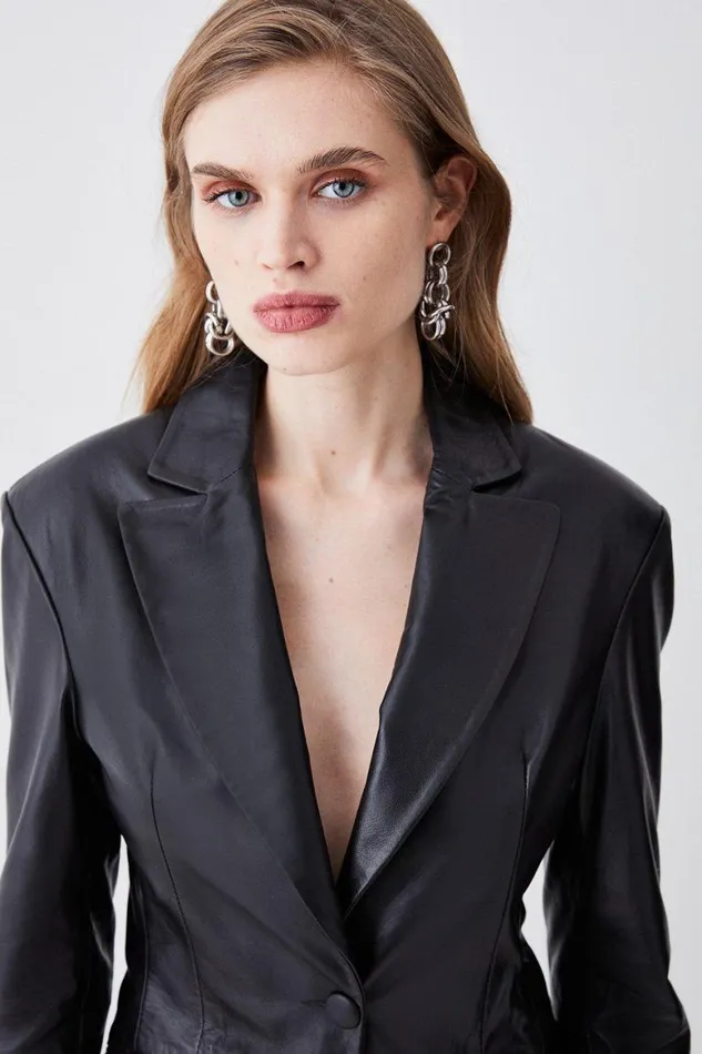 Coats and Jackets Women Karen Millen Leather Strong Shoulder Blazer Jacket Black