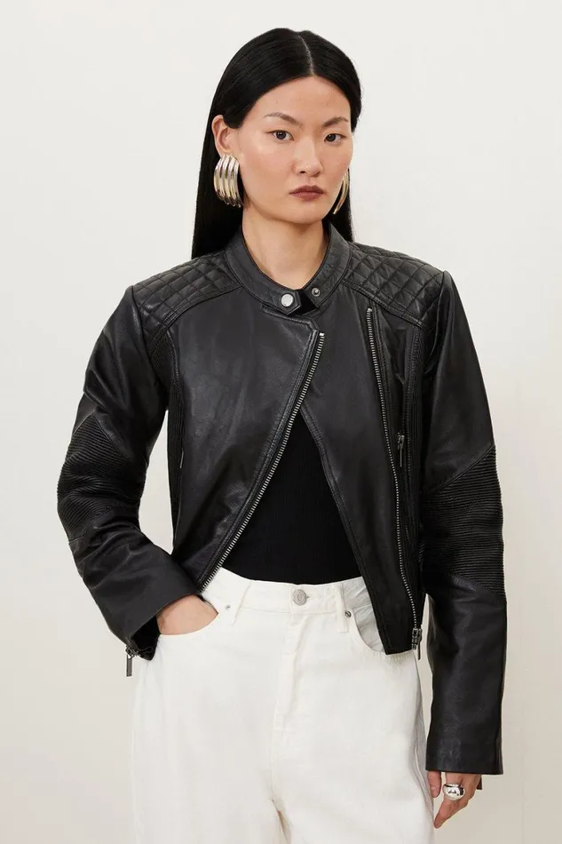 Coats and Jackets Women Karen Millen Leather Washed Biker Jacket Black
