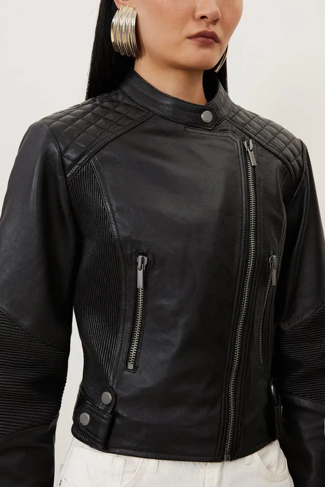 Coats and Jackets Women Karen Millen Leather Washed Biker Jacket Black
