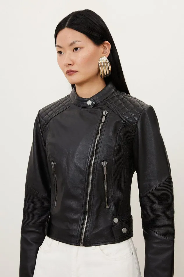 Coats and Jackets Women Karen Millen Leather Washed Biker Jacket Black