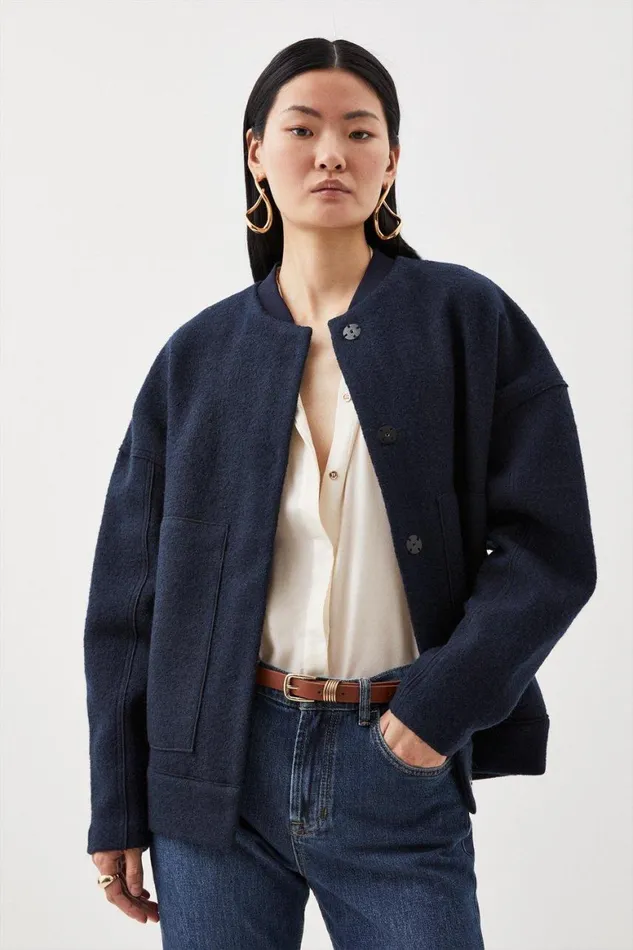Coats and Jackets Women Karen Millen Premium 100 Washed Wool Bomber Knit Jacket Navy
