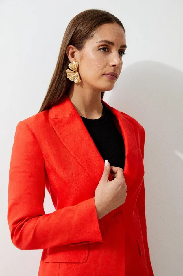 Coats and Jackets Women Karen Millen Premium Linen Tailored Single Breasted Longline Blazer Red