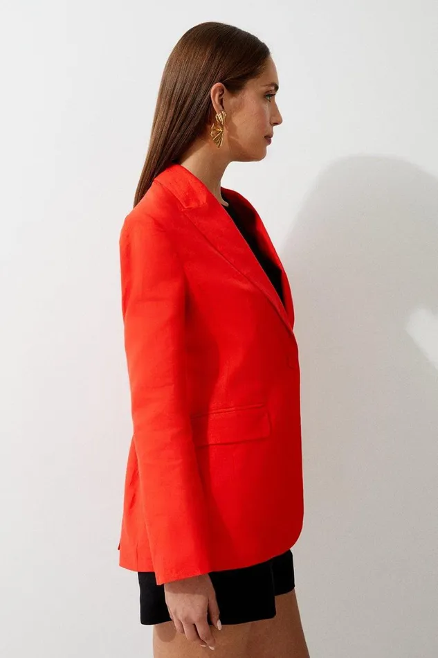 Coats and Jackets Women Karen Millen Premium Linen Tailored Single Breasted Longline Blazer Red