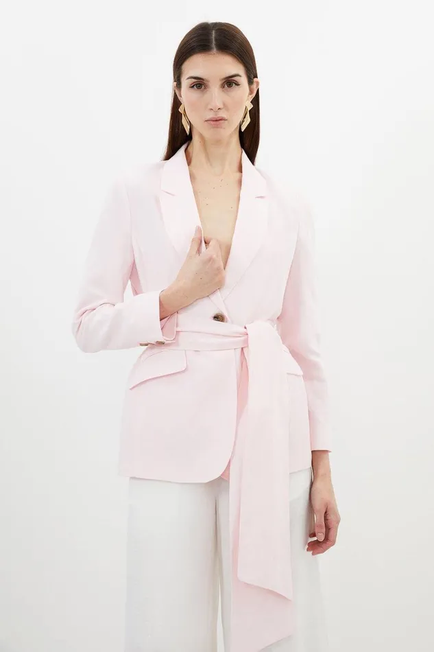 Coats and Jackets Women Karen Millen Premium Linen Viscose Tie Waist Longline Tailored Blazer Blush