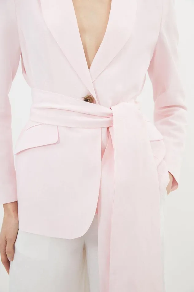 Coats and Jackets Women Karen Millen Premium Linen Viscose Tie Waist Longline Tailored Blazer Blush