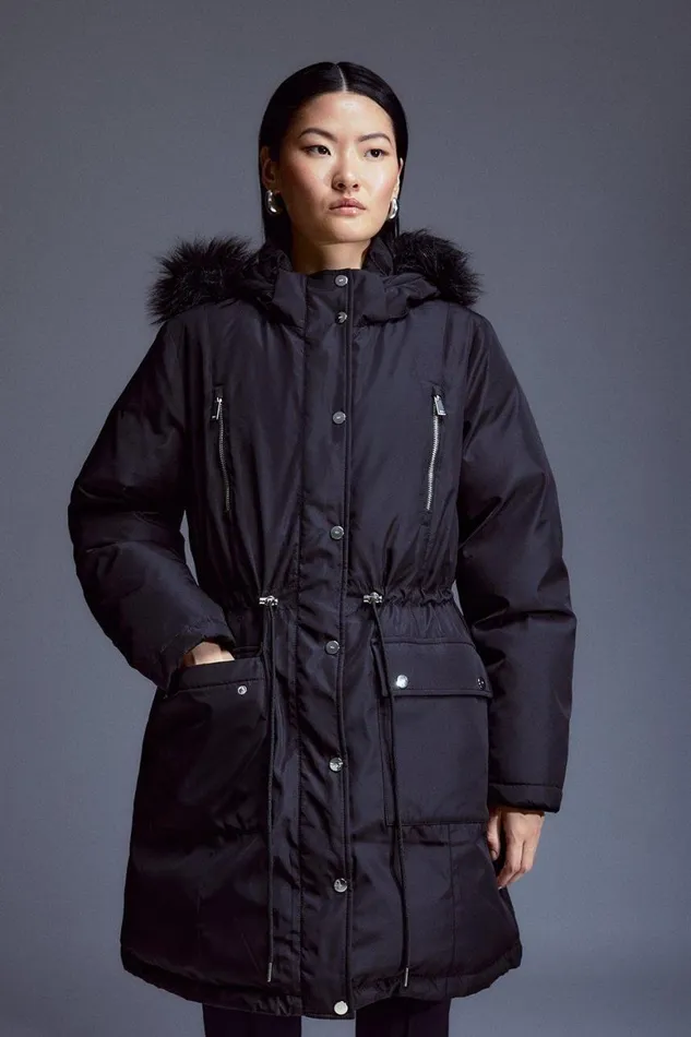 Coats and Jackets Women Karen Millen Premium Padded Fur Trim Hooded Parka Coat Black
