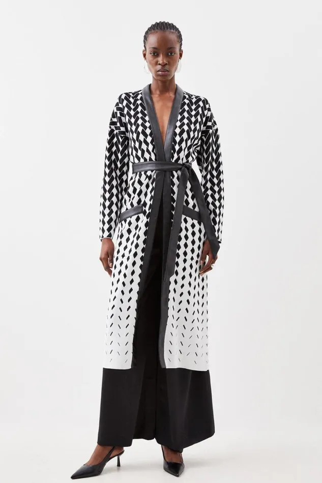Coats and Jackets Women Karen Millen Pu Placket Jacquard Belted Coatigan Mono