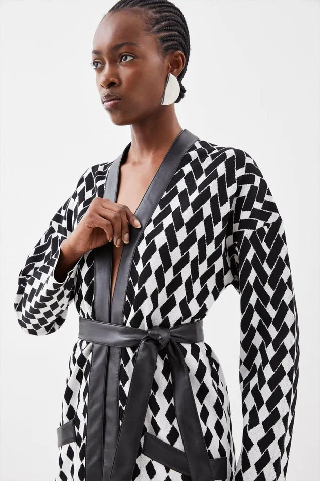 Coats and Jackets Women Karen Millen Pu Placket Jacquard Belted Coatigan Mono