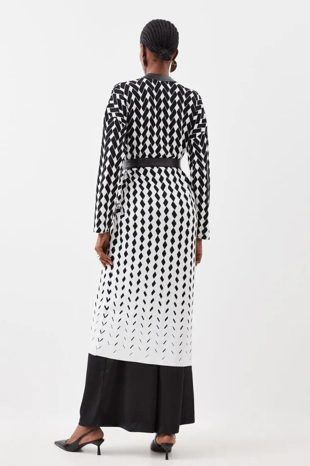Coats and Jackets Women Karen Millen Pu Placket Jacquard Belted Coatigan Mono