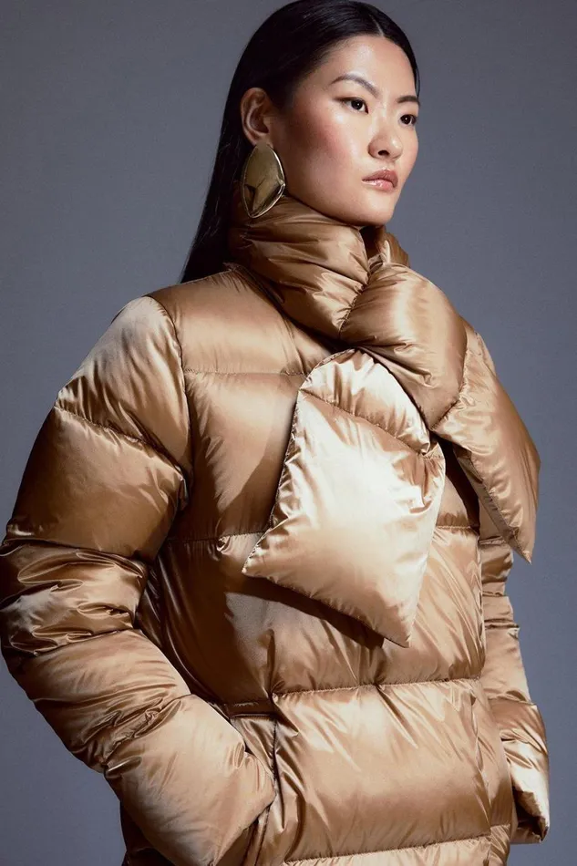 Coats and Jackets Women Karen Millen Real Down Self Scarf Detail Midi Puffer Coat Neutral Coats and Jackets Women Karen Millen Real Down Self Scarf Detail Midi Puffer Coat Neutral