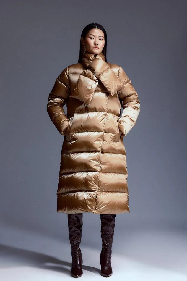 Coats and Jackets Women Karen Millen Real Down Self Scarf Detail Midi Puffer Coat Neutral