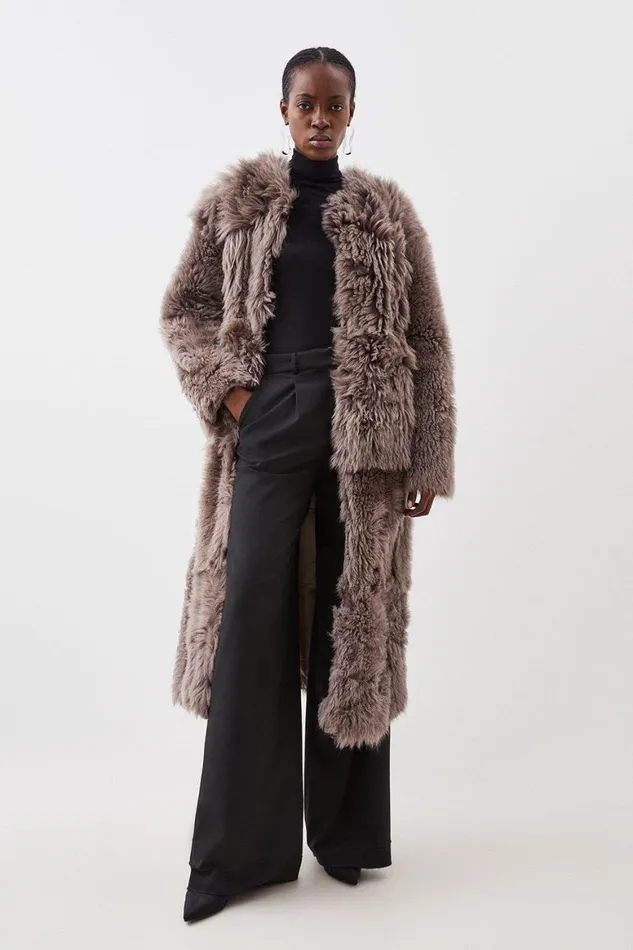 Coats and Jackets Women Karen Millen Shearling Collarless Maxi Coat Pale Grey