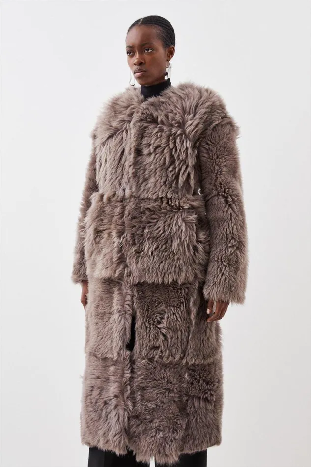 Coats and Jackets Women Karen Millen Shearling Collarless Maxi Coat Pale Grey