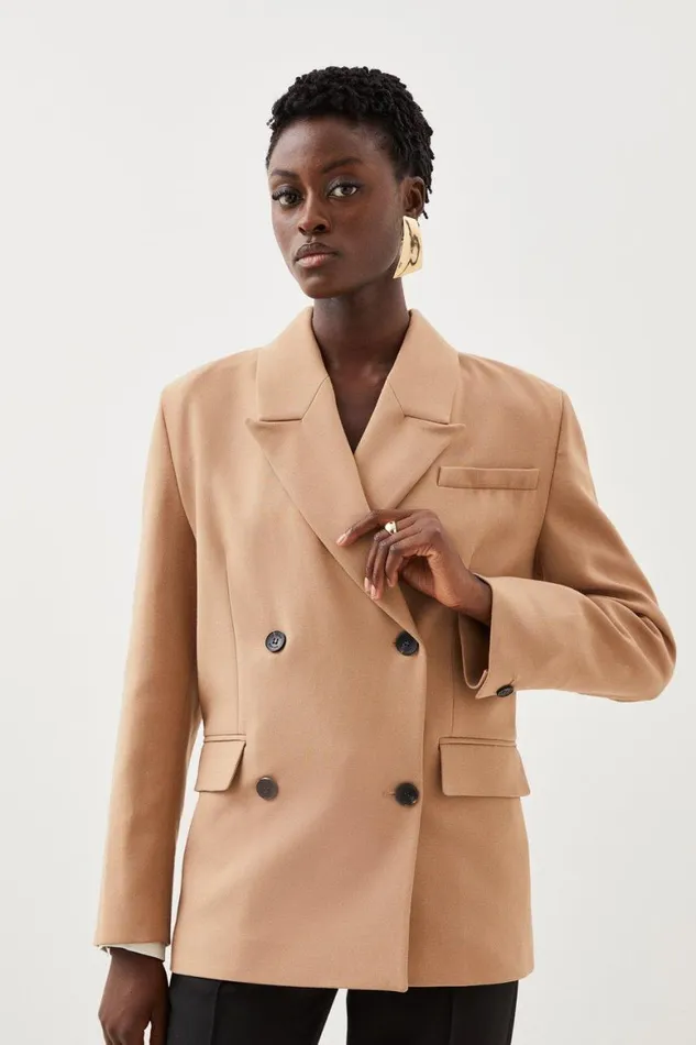 Coats and Jackets Women Karen Millen Tailored Compact Stretch Strong Shoulder Double Breasted Blazer Camel