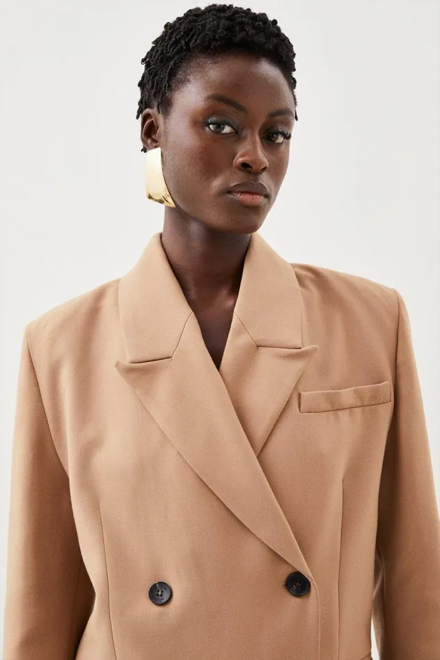 Coats and Jackets Women Karen Millen Tailored Compact Stretch Strong Shoulder Double Breasted Blazer Camel
