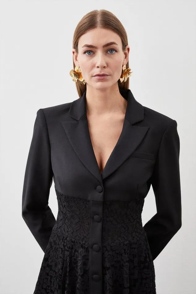 Coats and Jackets Women Karen Millen Tailored Italian Lace Detail Longline Blazer Black