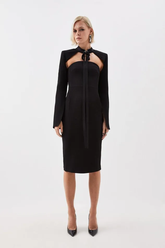Coats and Jackets Women Karen Millen The Founder Compact Stretch Viscose Neck Tie Tailored Bolero Jacket Black